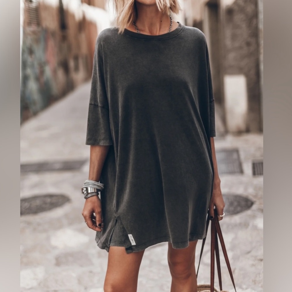 Washed Grey Oversized T-Shirt Dress - Casual Women’s Dress